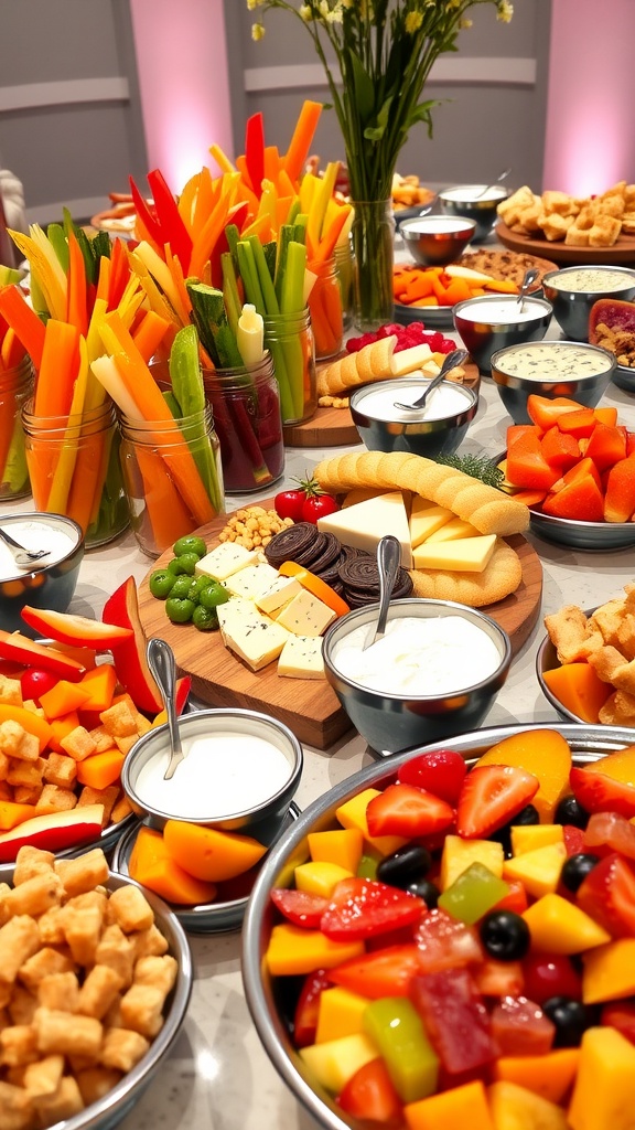 Colorful Appetizer Buffet Display Recipe A beautiful appetizer buffet display with vegetable sticks, assorted cheeses, dips, and fruits on a table.